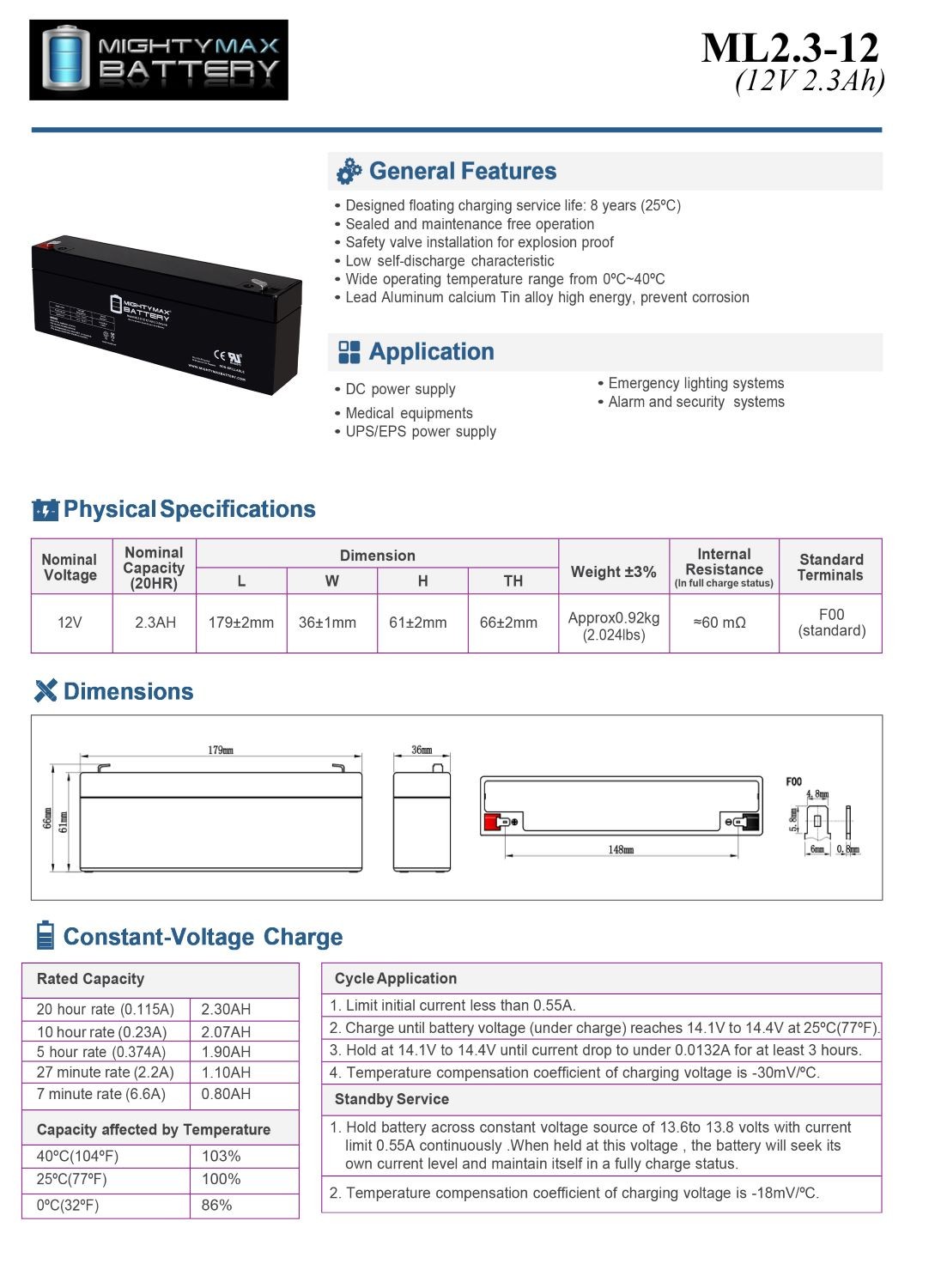 Mighty Max 12V 2.3AH F1 Replacement Battery Compatible With Panasonic PV-BP80/88
