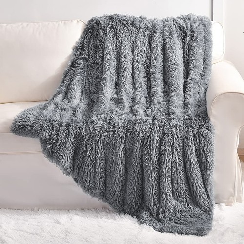 Grey Faux Fur Throw Blanket,2 Layers,50" x 60", Gray Soft Fuzzy Fluffy Couch ...