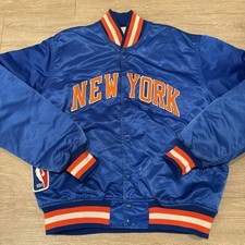 Vintage Starter Satin Jacket New York Knicks Mens Large Bomber Blue Snaps