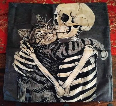 GROSSE KATZE KUSCHELN'' GROSSE KISSENHÜLLE (45cm x 45cm) *GOTHIC*KATZE*SKELETT*NEU