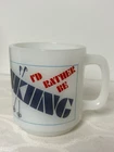 Vintage 1970s Glasbake 8 oz Milk Glass Coffee Mug - I'd Rather Be Skiiing - USA