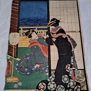 Toyokuni III Ukiyo-e Print Women Scene Used Mino Paper Excellent Condition