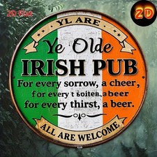 2D Flat, 1pc Vintage "Old Irish Pub" Round Tin Metal Signs Home D cor 8x8 Rustic