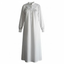 Vintage White Satin Gown Pearl Button Sleepwear Long Sleeves Flower Embroidery M
