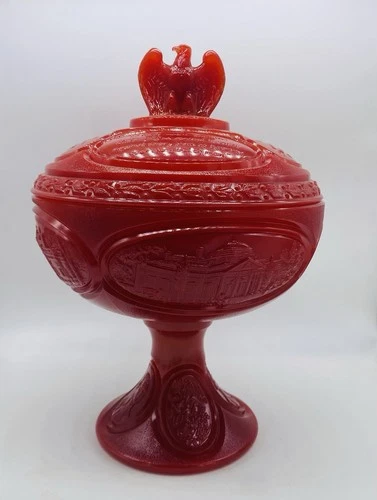 RARE LARGE FENTON ART GLASS PATRIOT RED BICENTENNIAL LIDDED COMPOTE