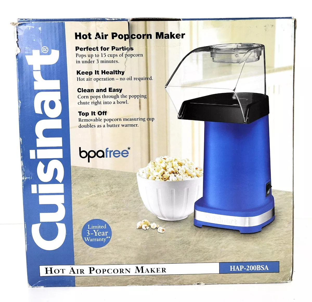 Cuisinart EasyPop Hot Air Popcorn Maker Blue HAP 200BSA BPA Free