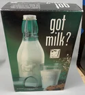 Milk Bottle and 2 Amici Global Italy Recycled Green Glass Milk Glasses with Cow