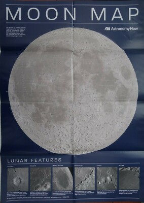 Astronomie Weltraum pädagogisches Poster: MONDKARTE. Oberfläche Mond Merkmale.48cm x 68cm