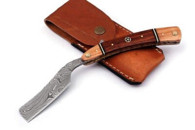 Handmade Damascus Straight Razor Knife  Rose Wood handle with Leather Sheath