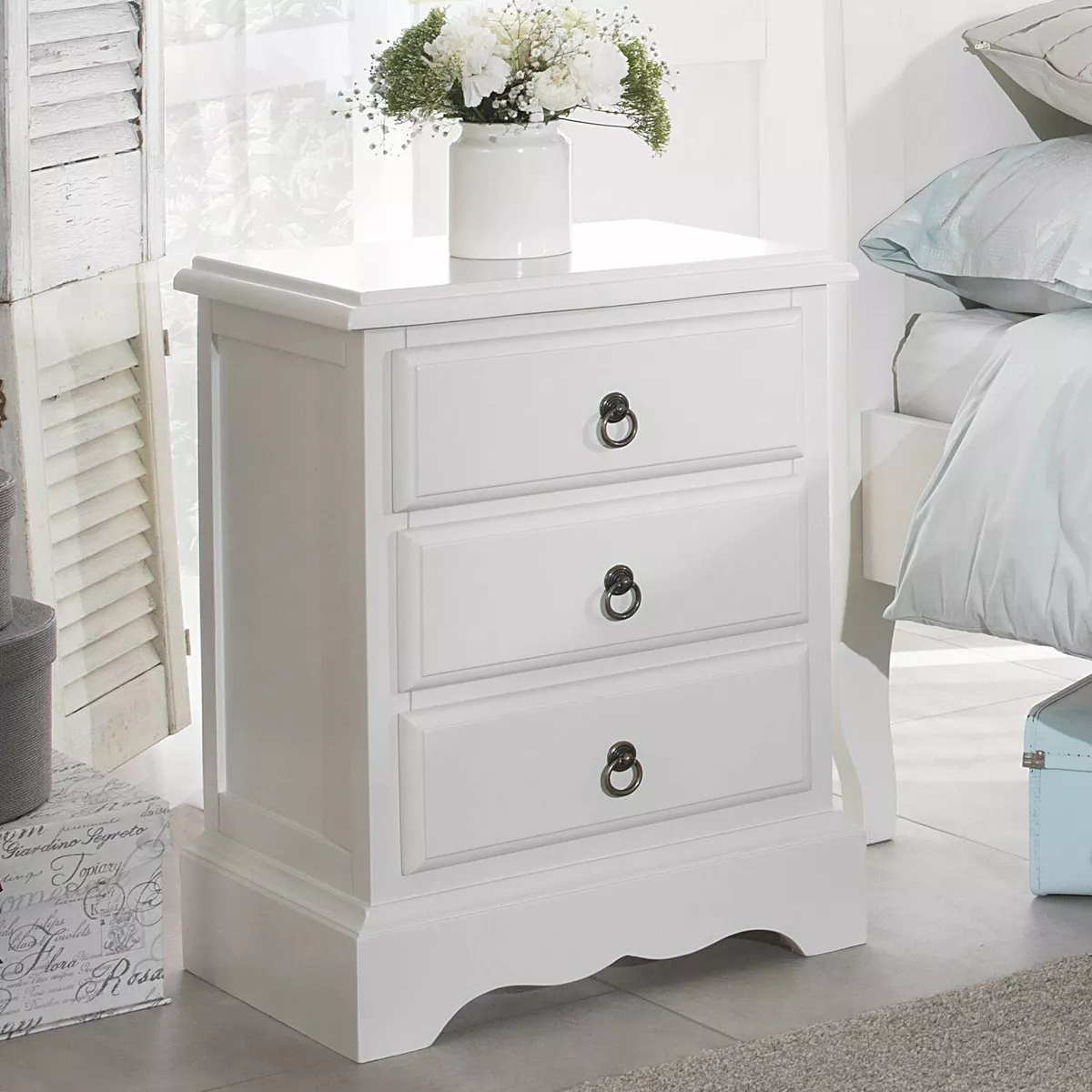 White provincial outlet bedside tables