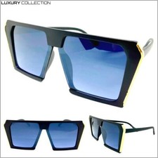 Oversized Contemporary Modern Shield Style SUN GLASSES Big Black Frame Blue Lens