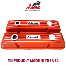 Small Block Chevy Classic Finned Orange Valve Covers - Engraved Chevrolet Logo