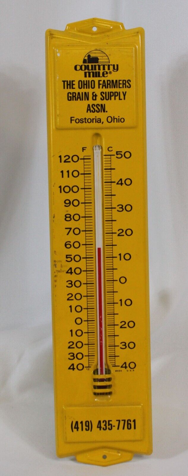 Vtg Thermometer Country Mile Ohio Farmers Grain & Supply Fostoria Metal Tall Old