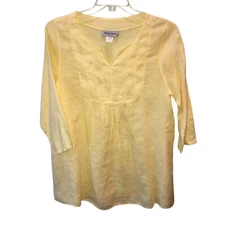 Match Point Medium Yellow Linen 3/4 Sleeve Tunic Top Blouse Shirt Size M HLT300