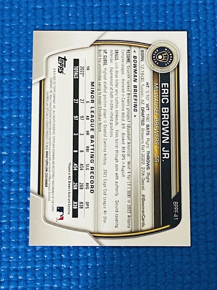 Eric Brown Jr 2023 Bowman 1st Edition Yellow Foil 08/75 Brewers #BPPF-41 - Image 3 of 3