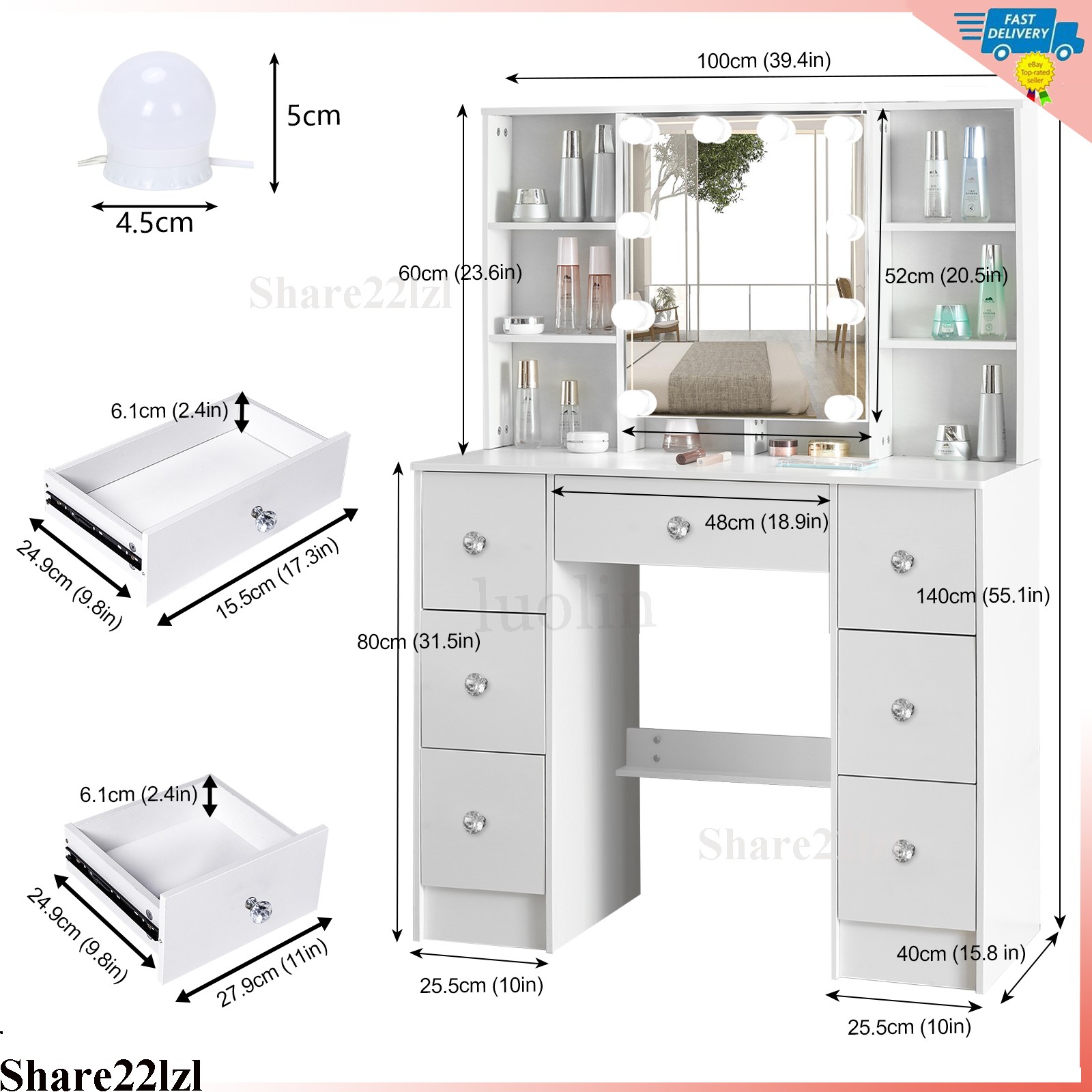 Vanity Set with Led Lights Mirror Makeup Desk Dressing Dresser Table 7 Drawers