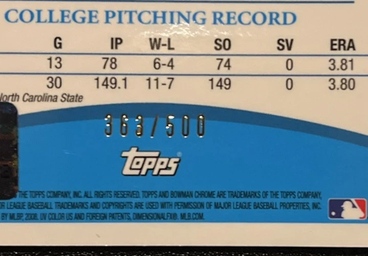 2008 Bowman Chrome - Prospects Autographs Refractor/500 Andrew Brackman #BCP271 - Image 4 of 4