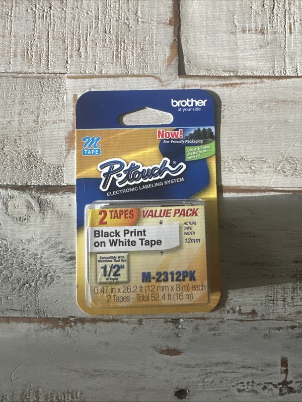 New. Brother M231 P-Touch Label Tape 2-Pack, 1/2" M-2312PK Black On White