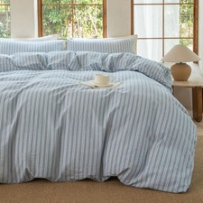 100 Washed Cotton Linen Like Duvet Cover Set,3 Pcs Striped Duvet Cover