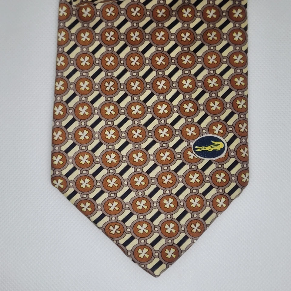 Corbata retro geométrica marrón 100 % seda marca logotipo cocodrilo Foto 3 de 4