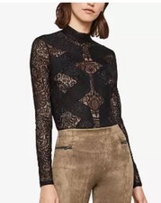 NWT BCBGMaxAzria Lace Blake Mock Neck Bodysuit Black Size XXS Ret. 148