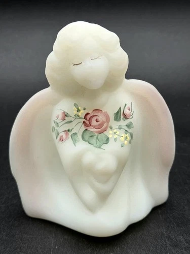 Vtg. Fenton Pink Satin Glass Angel Figurine 3" Hand Painted Roses Signed