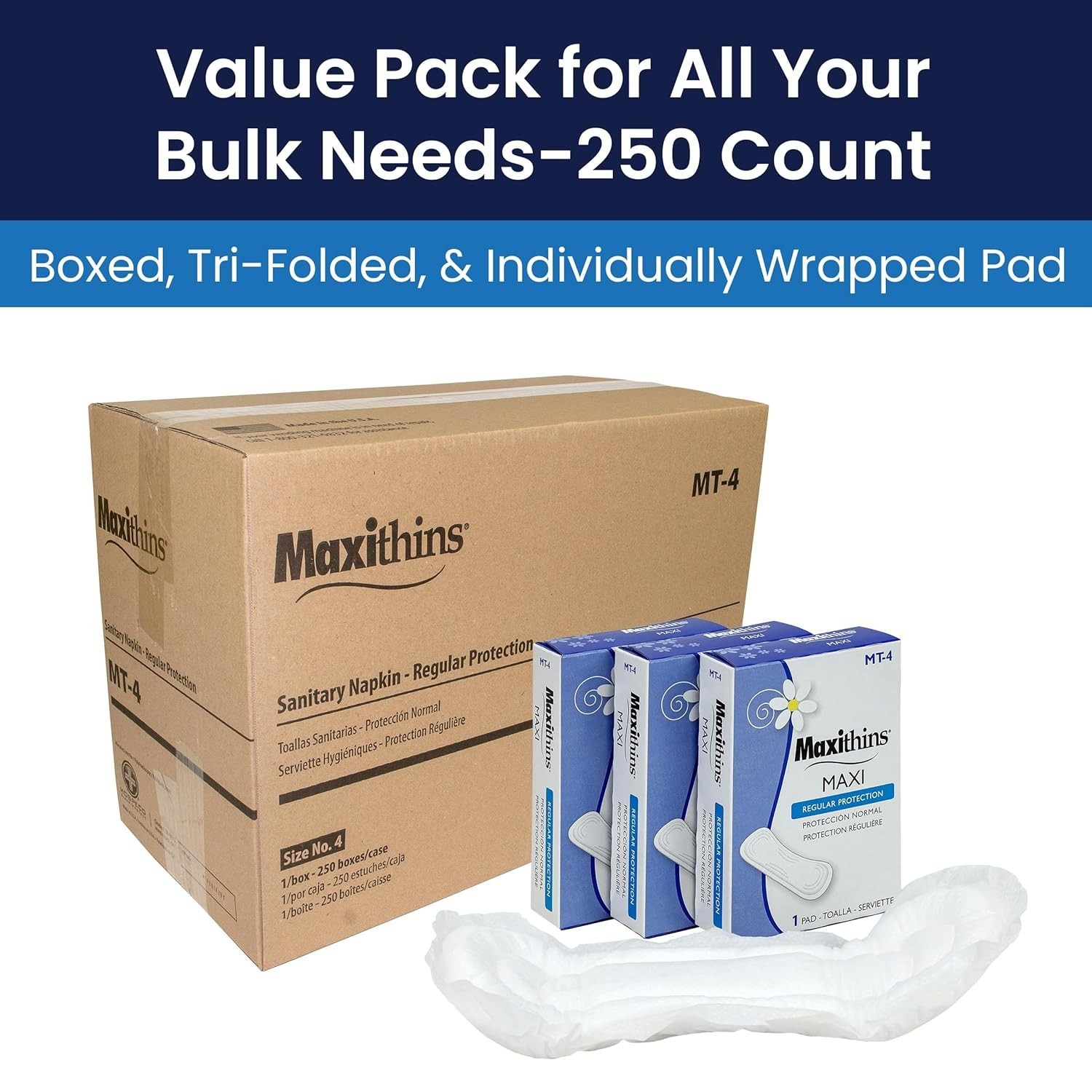 Sanitary Napkins Maxi, 250 Bulk Pack, Vended, Superior Multi-Channel Absorbency