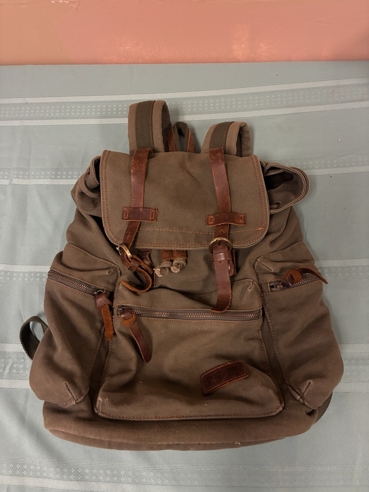 Vintage Bluboon Canvas & Leather Army Green Rucksack Backpac