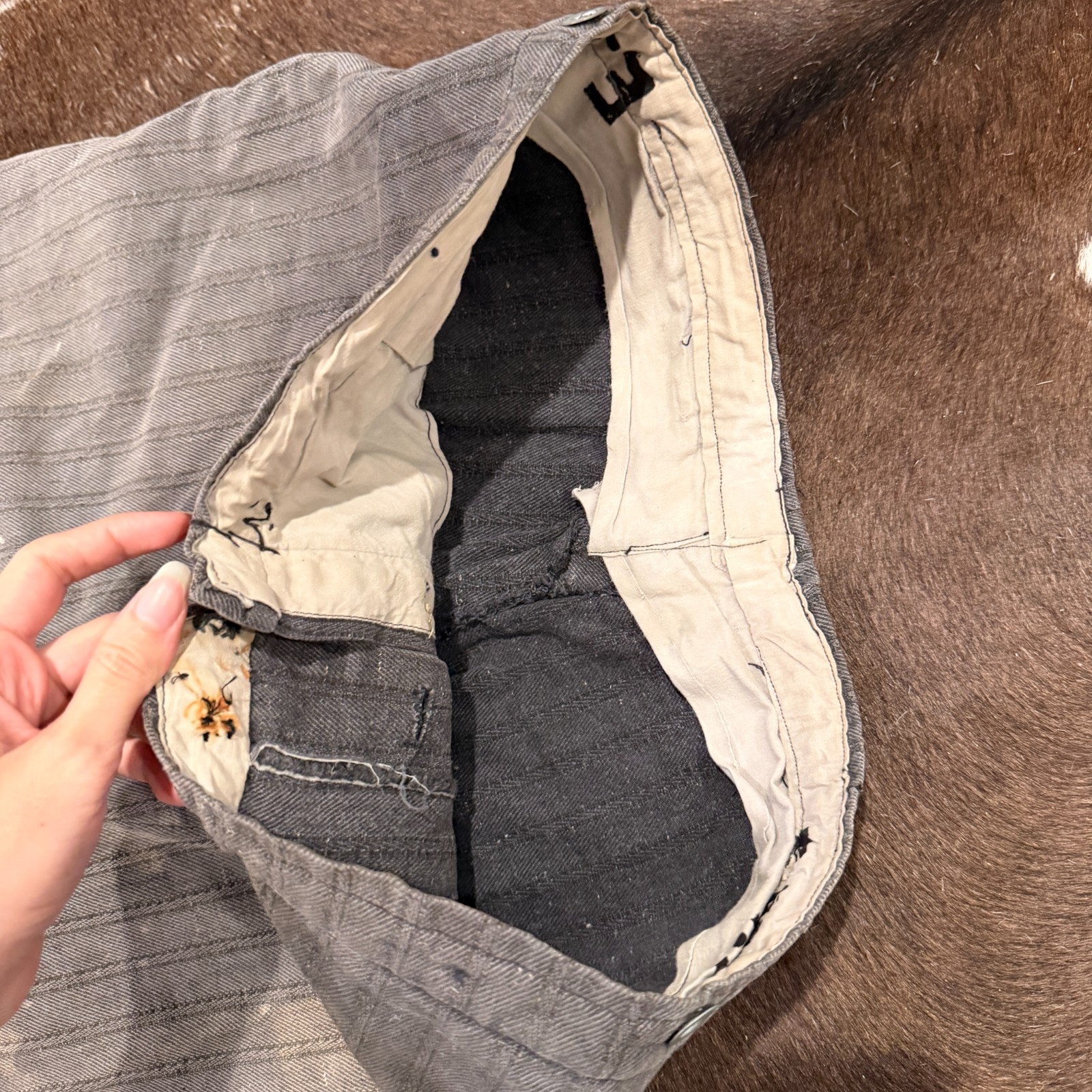 Antique French Striped Workwear Pants - Button Fly 1900s Distressed Thrashed