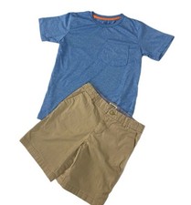 OshKosh B'gosh Boys Khaki Shorts Size 10 Blue SS Tee Pocket Size Large 12/14 
