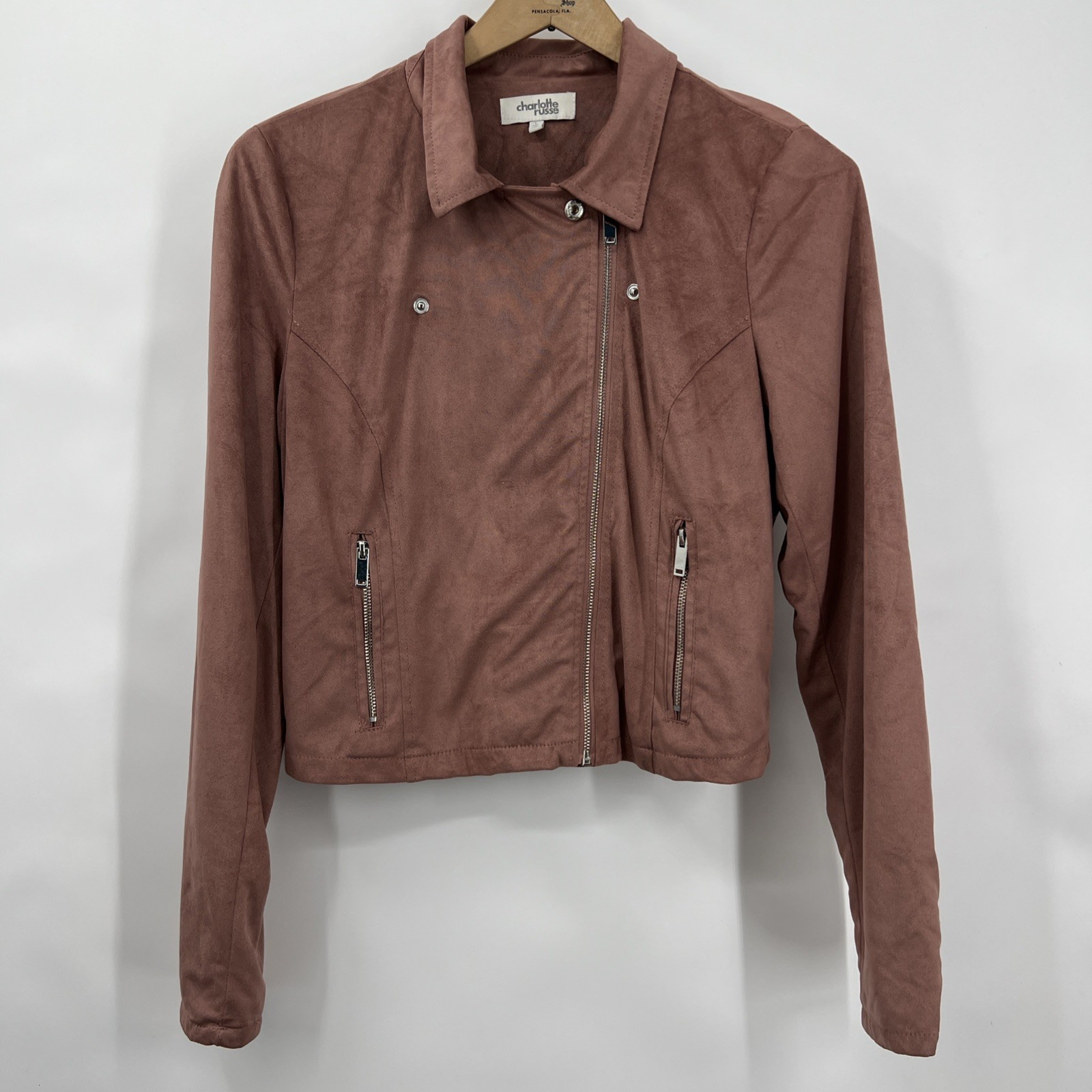 Charlotte Russe Women's Dusty Rose Faux Leather Moto Jacket Sz L Biker Mob Wife