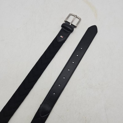 Tommy Hilfiger Belt Black Braided Woven Fabric Elastic Men 40 Nickel Buckle NWOT