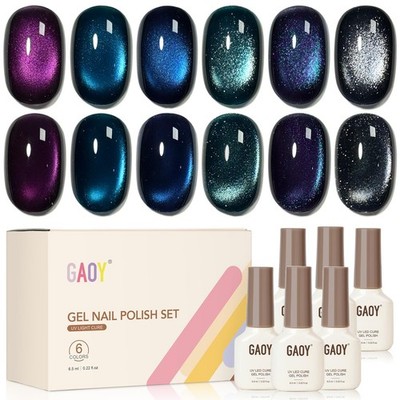 GAOY Glitter Cat Eye Gel Nail Polish Set with Magnet, 6 Colors Purple Blue Black