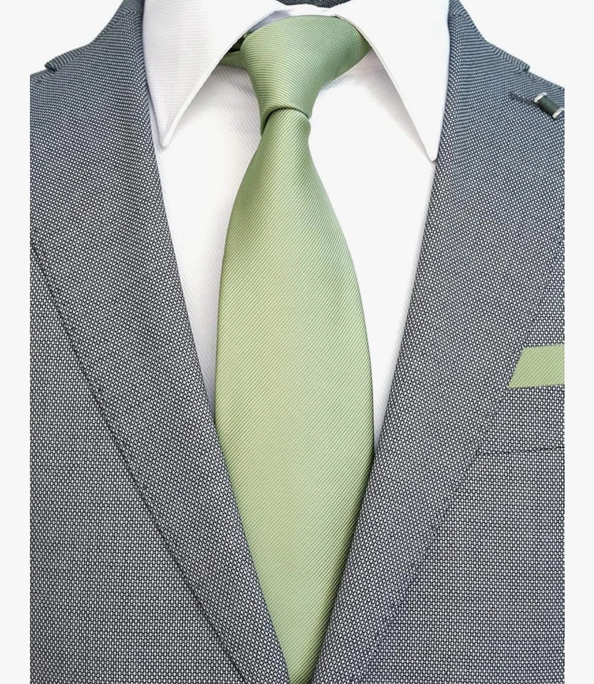 Solid Sage Green Color NeckTie and Handkerchief Mens Neck Tie Set 3.2in Standard - Image 2 of 3