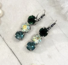 Triple Stone Pine Green Cup Chain Long Earrings