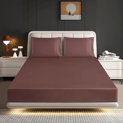 ROOEE Satin Seide Spannbetttuch mit Kissenbezug Set Double, Blush Pink 