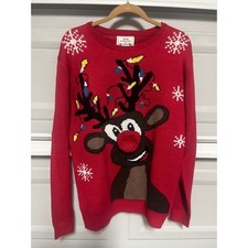 Ugly Christmas Sweater XL Red Reindeer Oh Deer Pom Pom Nose Daisys Boutique