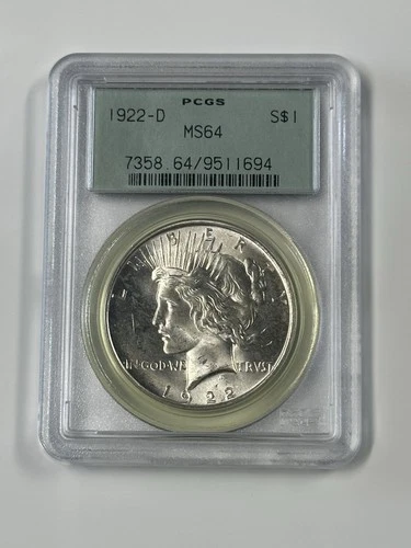 1922-D Peace Silver Dollar PCGS MS-64 Bright White. Better Date Green Label