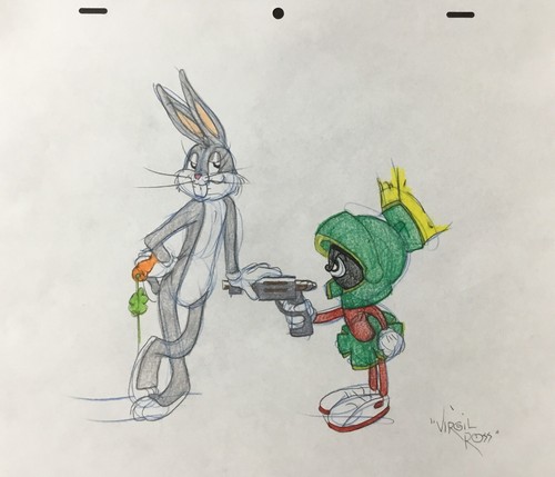 Hoja de Modelo Firmada Original Virgil Ross Dibujo Marvin Martian and Bugs II Marco - Imagen 3 de 7
