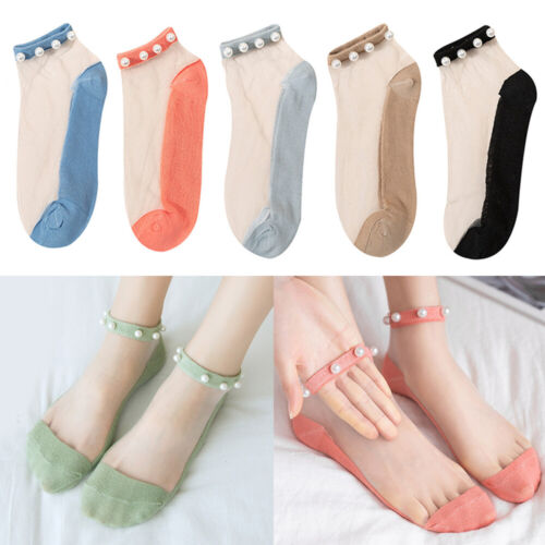 Women Girl Pearls Thin Short Socks See Through Summer Casual Ankle Socks Hosiery - Foto 1 di 21