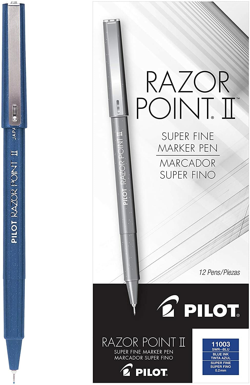 Pilot Pen Razor Point II Porous Point Pen Stick Blue Ink Doz