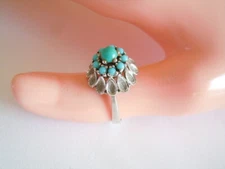 Silver Ring Checked Stones 10xBlue+1xTurquoise Green Flower 4.5 g/Gr.57