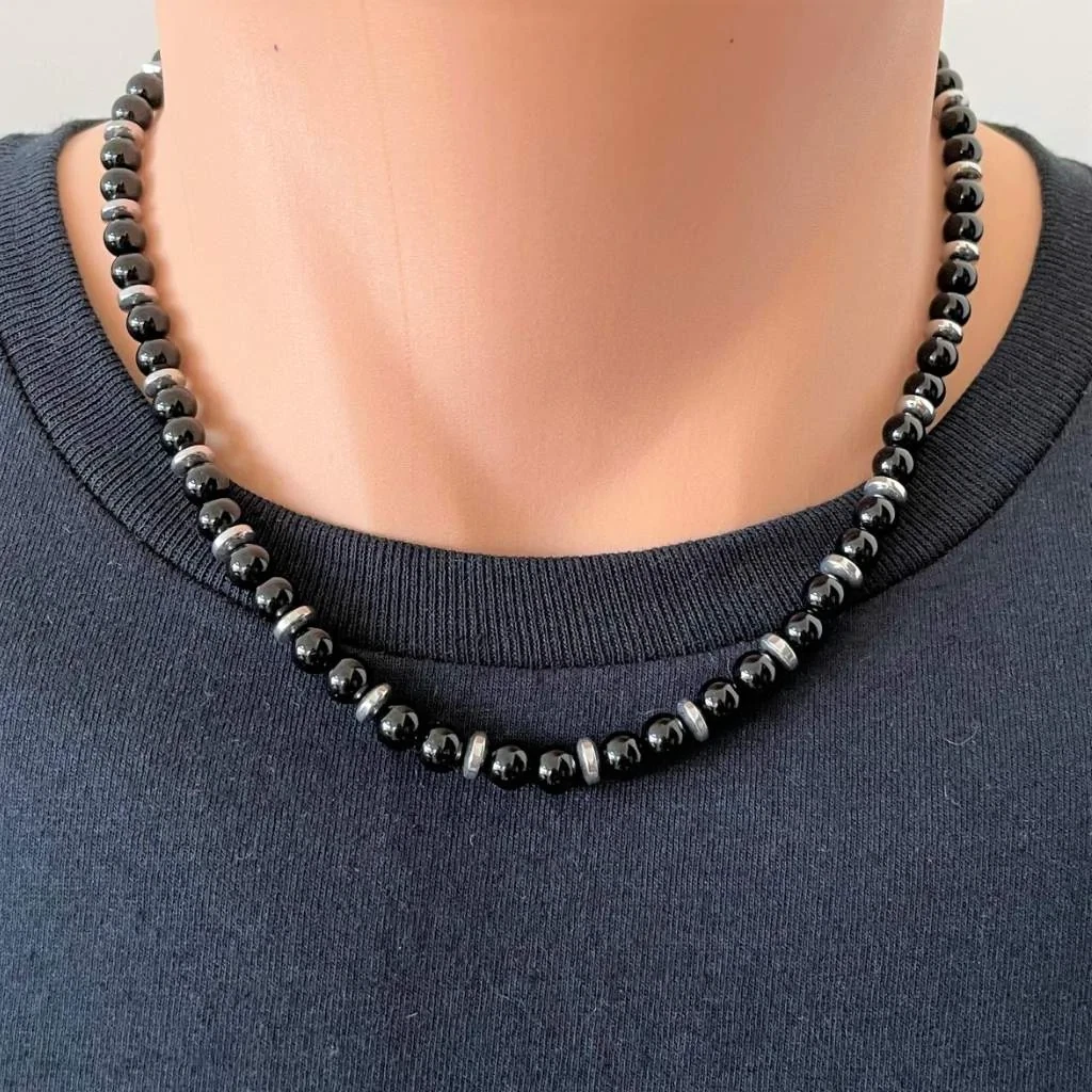 Mens Black Onyx and Silver Hematite Rondelle Beaded Necklace eBay