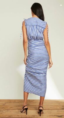 veronica beard teagan ruched dress Veronica Beard Teagan Striped Linen Ruched Wrap Midi Dress