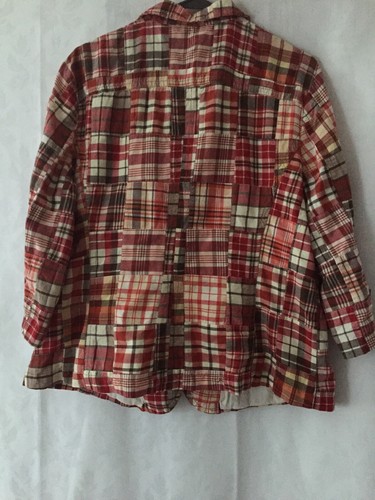 Chaqueta de algodón forrada Liz Claiborne XL roja beige marrón a cuadros manga 3/4 2 botones - Imagen 7 de 11