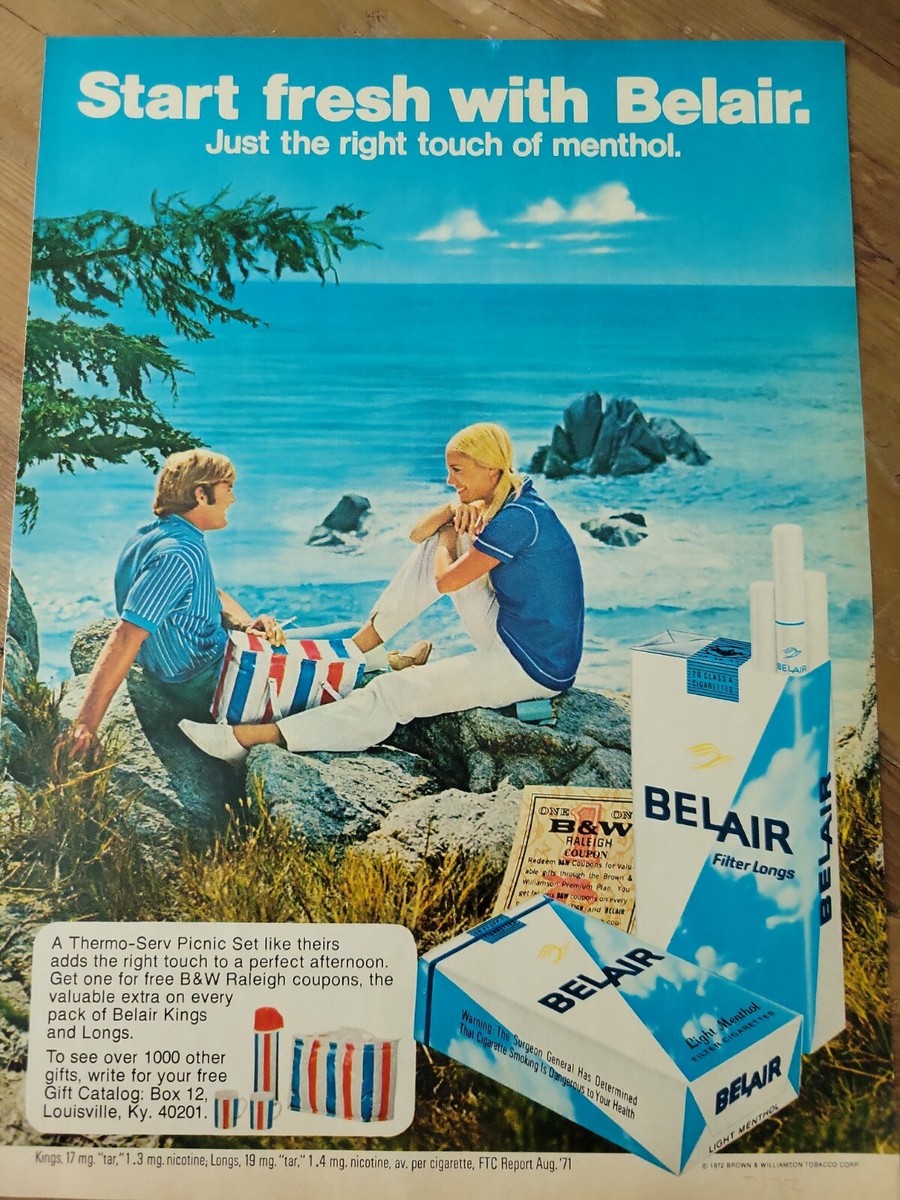 1972 start fresh menthol Belair Cigarettes man woman ocean vintage ad