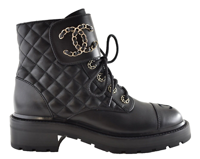 Chanel 21A Black Quilted Gold CC Chain Combat Lace Up Tie Ankle