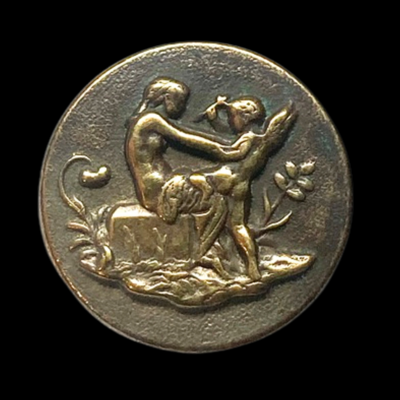 TW&W Paris 19th Century Brass Button 'Girl Defending Herself from Love' w Cupid