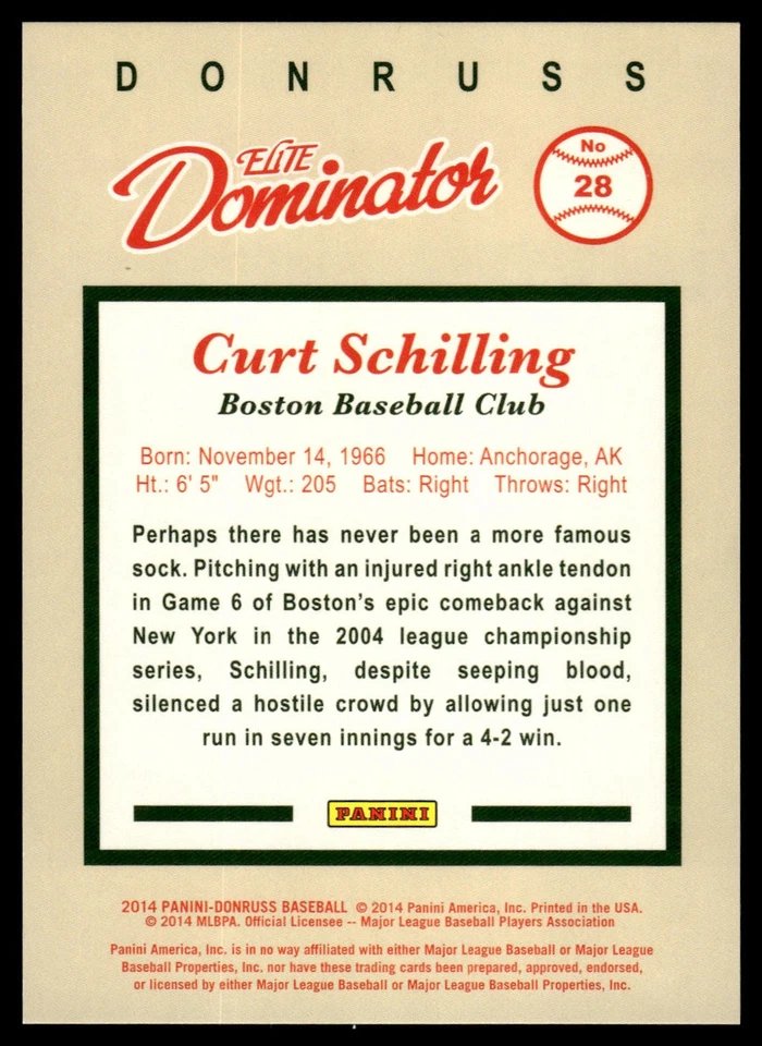 2014 Donruss Elite Dominator Series 1 #28 Curt Schilling /999 - Image 2 of 2