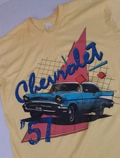 Vintage 57 Chevrolet Single Stitch USA made 80s Printed T-Shirt XL 50-50 Yellow